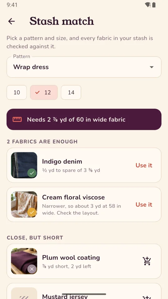 Stash match: size 12 of a wrap dress needs 2⅞ yd; two fabrics are enough and one is short