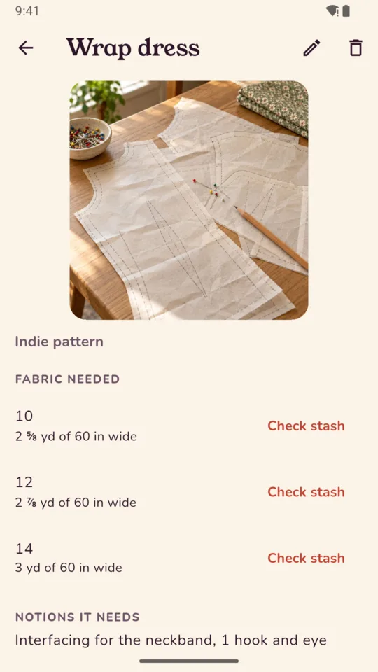 Pattern: the fabric each size needs, with a stash check for each.