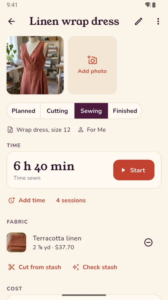 Project: the linen wrap dress with 6 h 40 min sewn and a Start button for the next session.