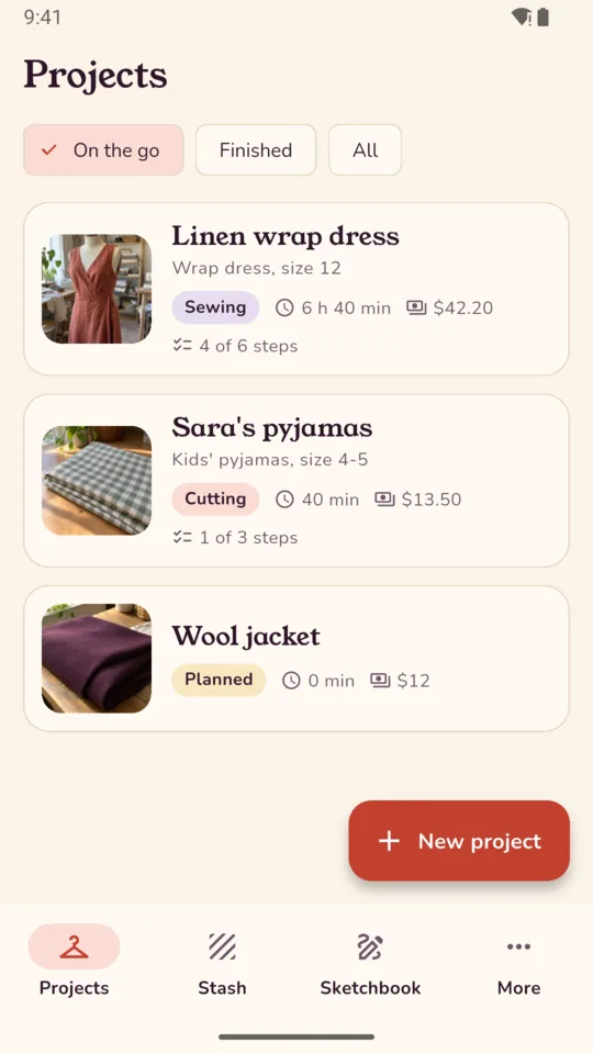 Projects: a linen wrap dress being sewn, pyjamas being cut and a wool jacket planned