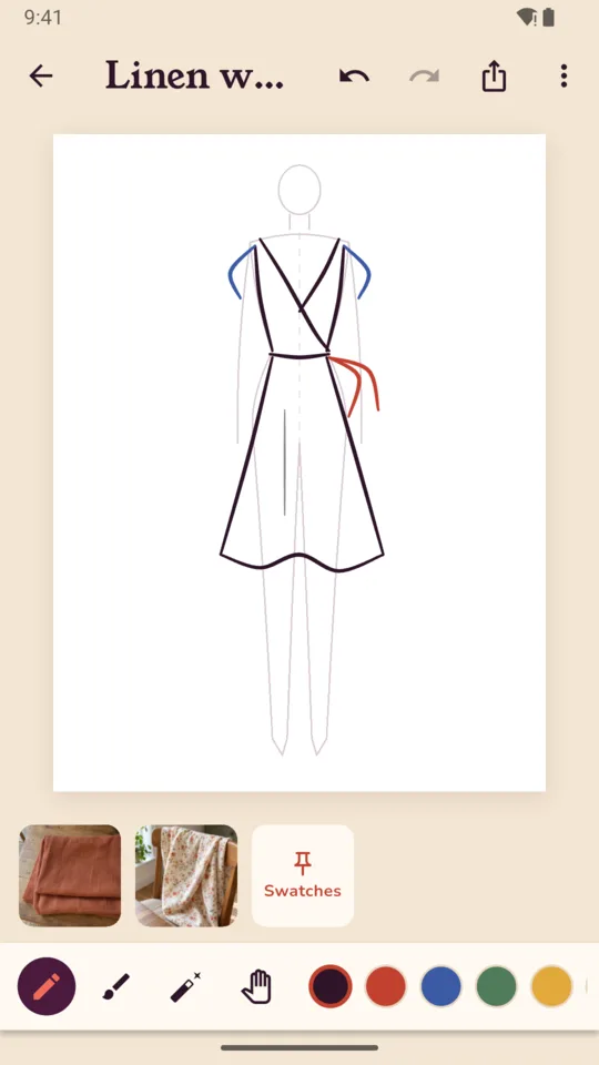 Sketchbook: a wrap dress drawn over a figure, with fabric swatches pinned below.