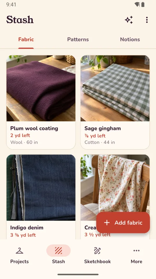 Stash: fabric photos with how much of each is left.