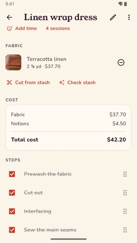 Cost and steps: $42.20 for fabric and notions, with the first steps ticked off.