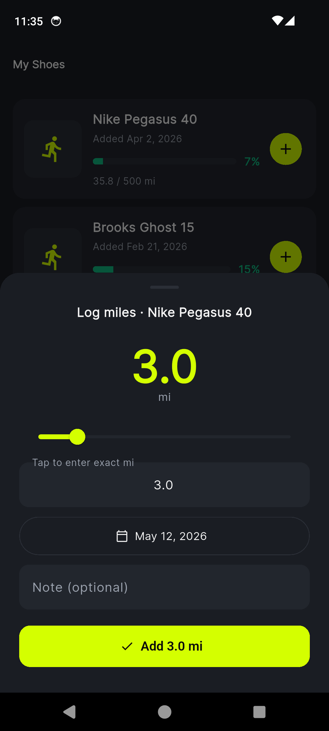 ShoeMile quick-log slider sheet for logging run mileage