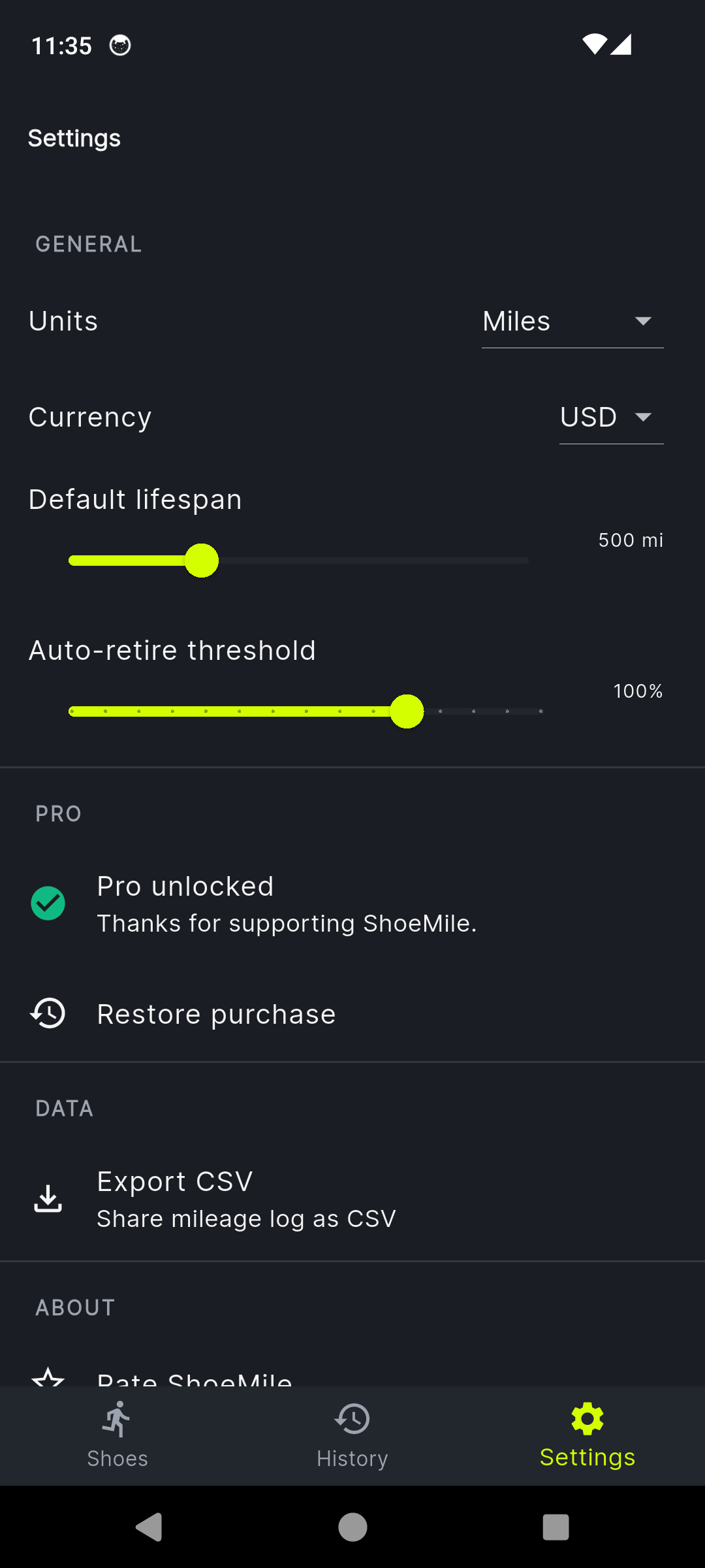 ShoeMile settings with units currency lifespan and Pro upgrade