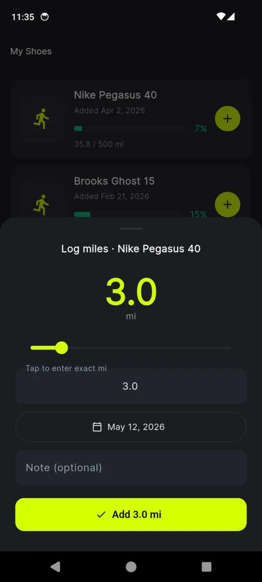 The ShoeMile quick log sheet with a distance slider set to 3.0 miles, a date field and a note field