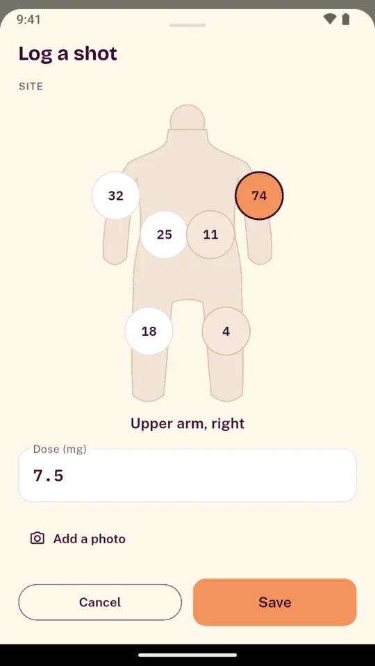 Logging a shot: the right upper arm picked and 7.5 mg filled in from the current step.