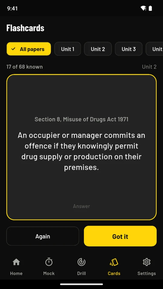 Flashcards: a card on the Misuse of Drugs Act, 17 of 68 known, with Again and Got it.