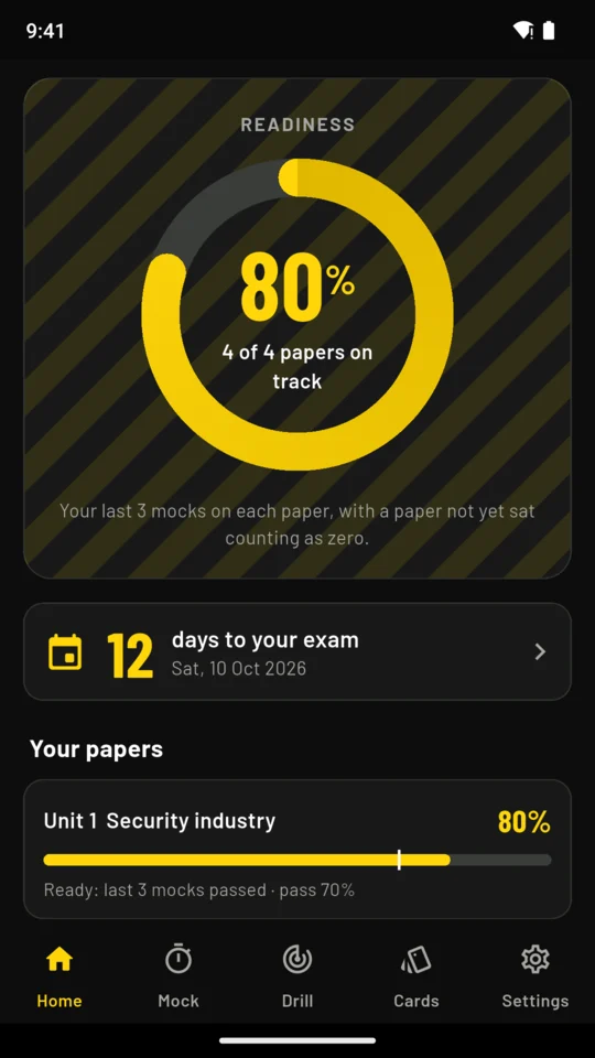 SIA Door Prep home screen with the readiness ring at 80%, 12 days to the exam and Unit 1 against its pass mark