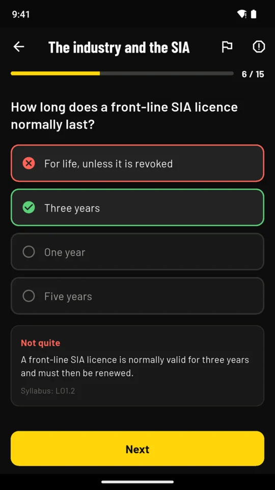 Learn: a wrong answer marked, the right one shown, and the explanation with its syllabus reference.