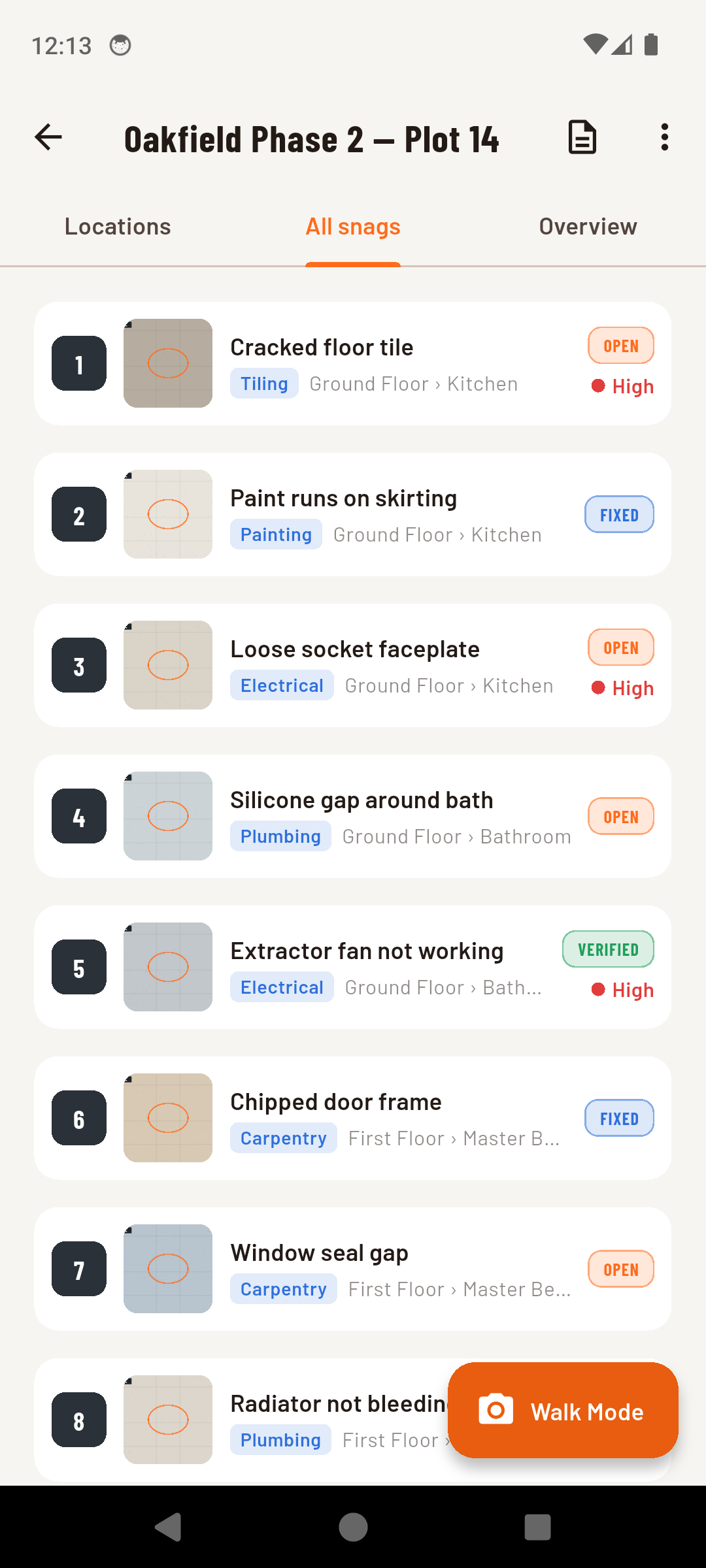 SiteInspect snag list showing defects by location with trade tags, photo thumbnails and Open, Fixed and Verified status badges