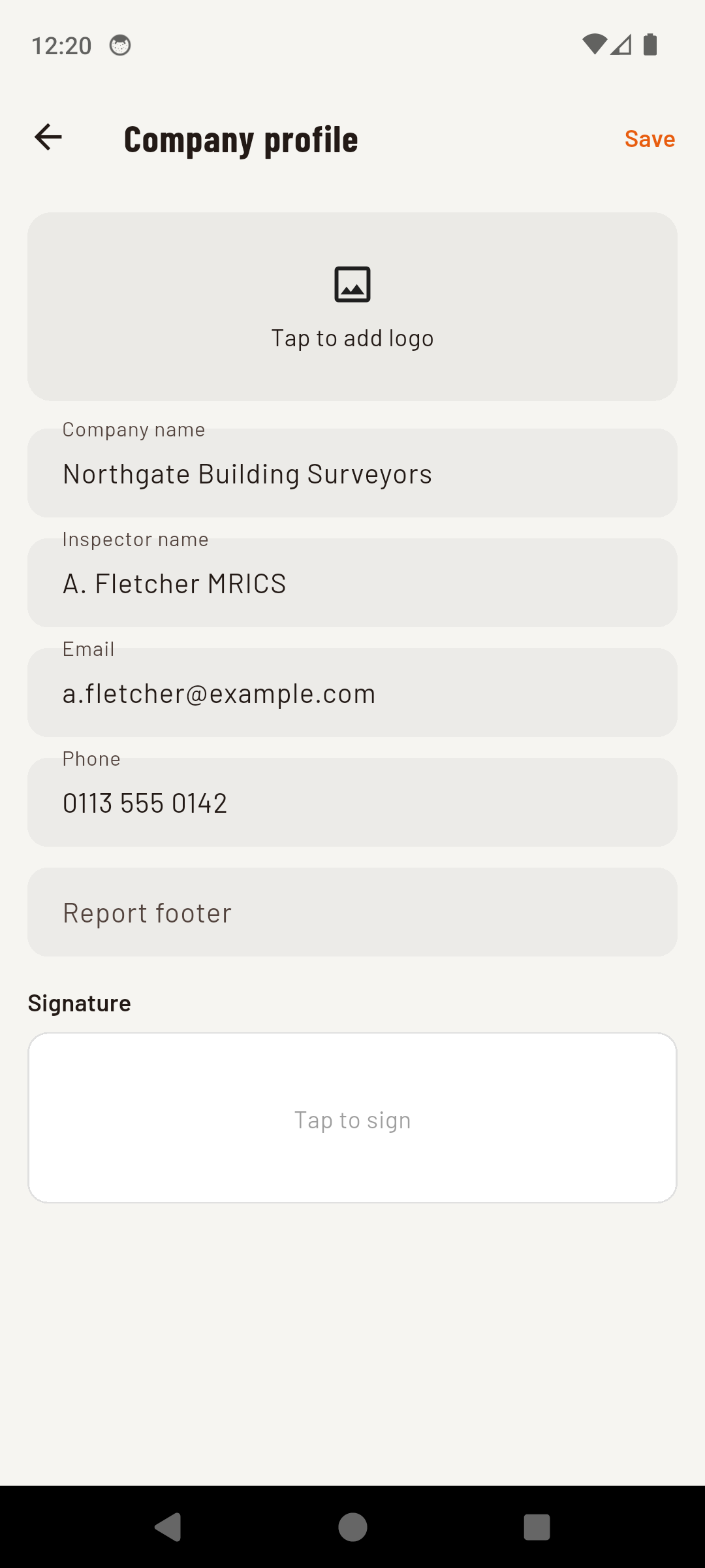 SiteInspect company profile and report settings with logo, company details and signature for branded reports