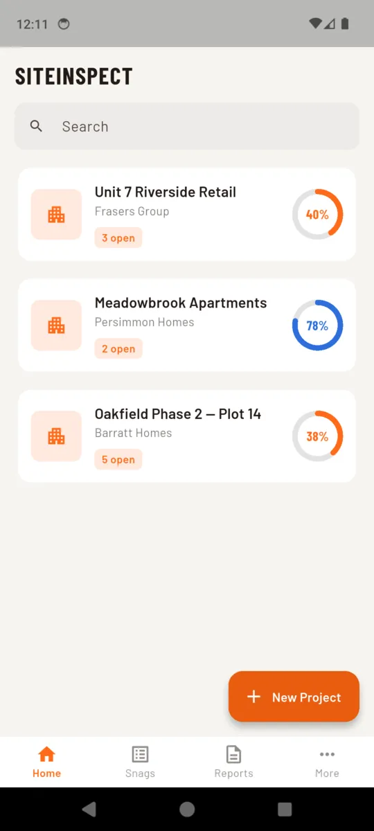 The SiteInspect home screen listing three projects, each with its client and a ring showing the percentage of items closed