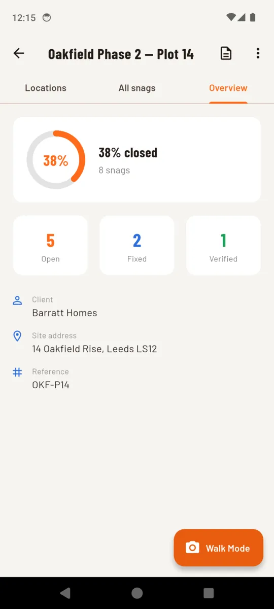 The SiteInspect project overview with a progress ring reading 38 percent closed and counts of five open, two fixed and one verified