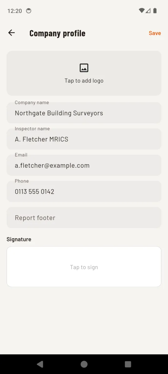 The SiteInspect company profile screen with fields for logo, company name, inspector name, email, phone, report footer and a signature pad