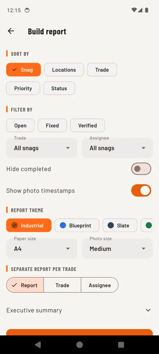 The SiteInspect report builder with sort and filter controls, report theme swatches, paper and photo size pickers and a per-trade split option