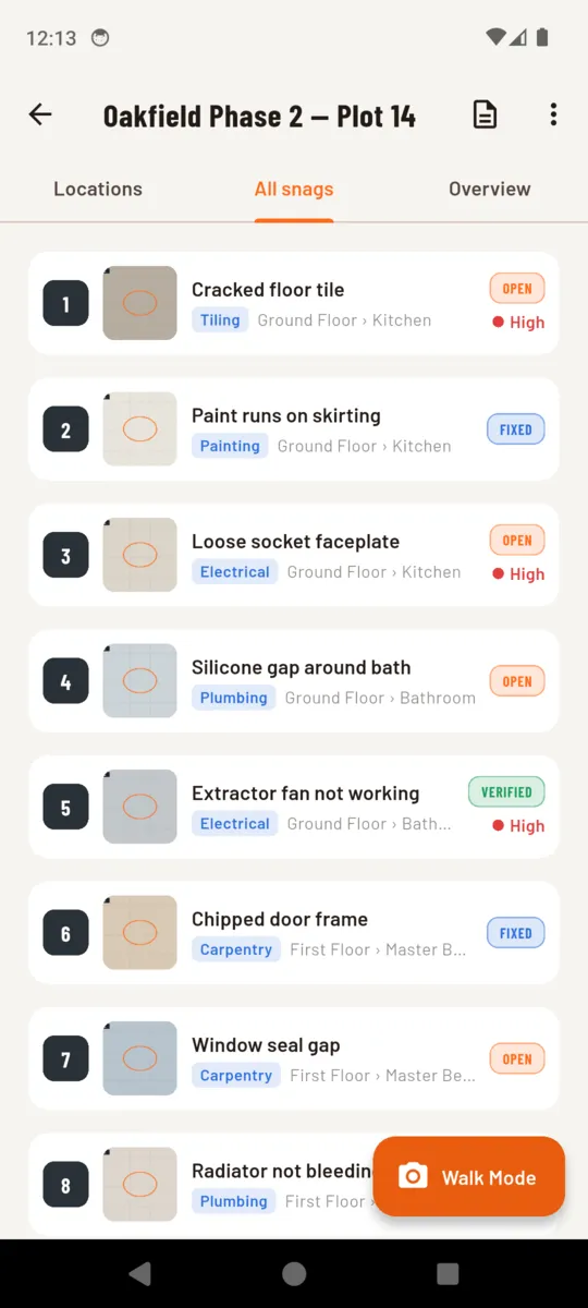 A SiteInspect project list of eight numbered snags, each with a trade tag, its floor and room, a status pill reading open, fixed or verified, and a priority flag