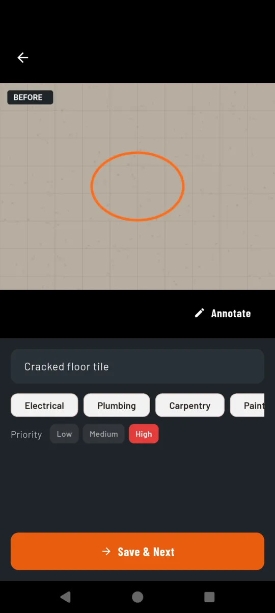 SiteInspect Walk Mode with a camera view, a before label, an annotate button, a title field, trade chips and a Save and Next button