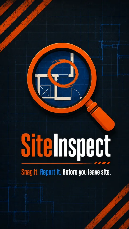 The SiteInspect launch screen: a magnifier over a blueprint with the words Snag it. Report it. Before you leave site.