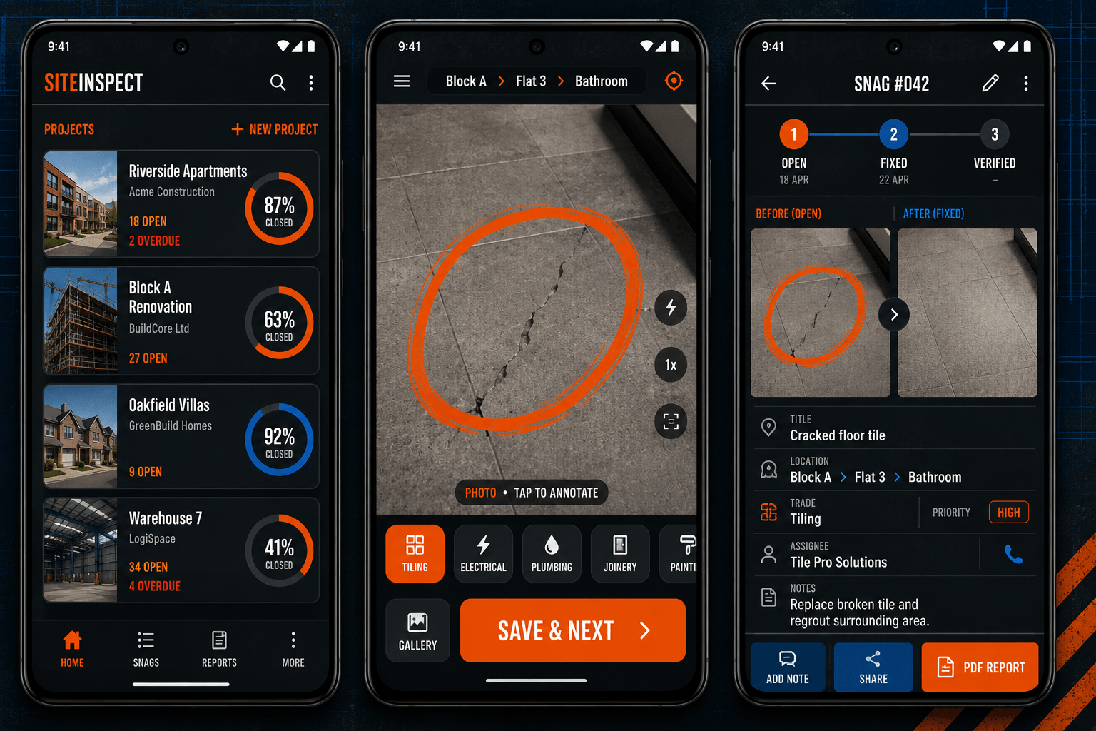 SiteInspect app screens — Walk Mode capture, snag list, before-and-after photos and a branded PDF snagging report