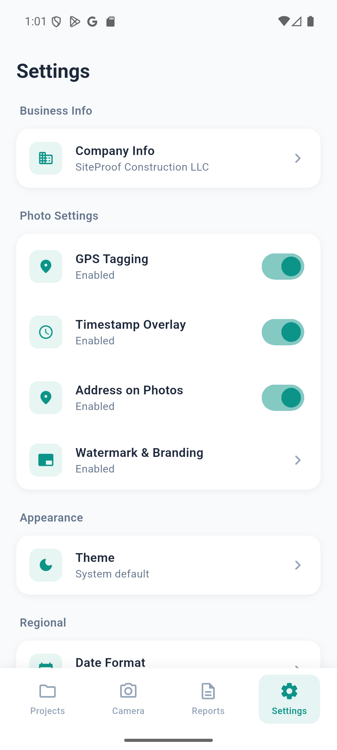 SiteProof settings and business info