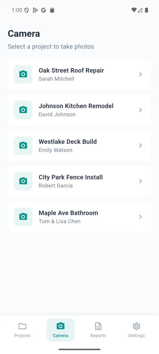 The SiteProof camera tab asking which project the next photos belong to