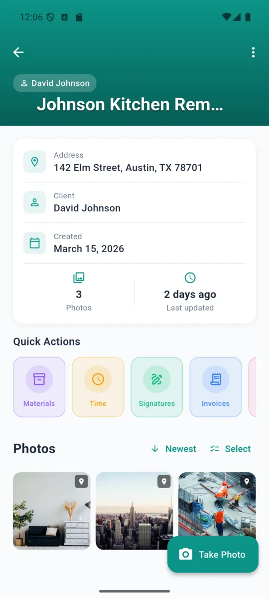 A SiteProof project showing address, client, created date, photo count and quick actions for materials, time, signatures and invoices