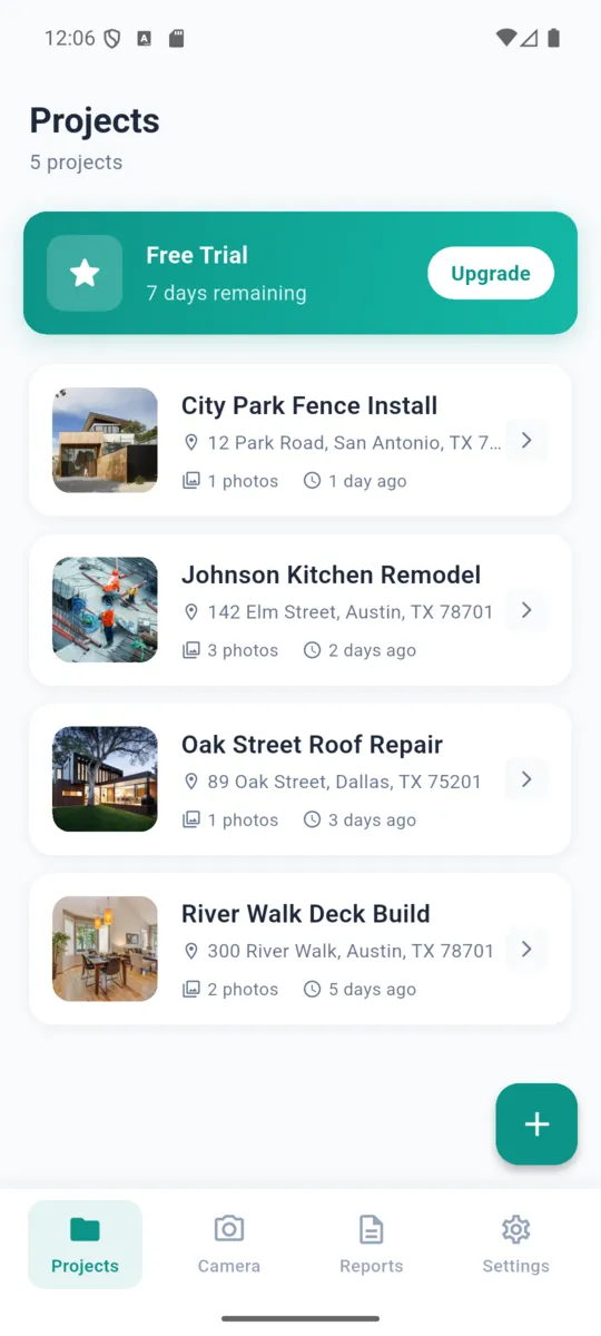 The SiteProof projects list with five jobs, each showing its address, photo count and how long ago it was updated