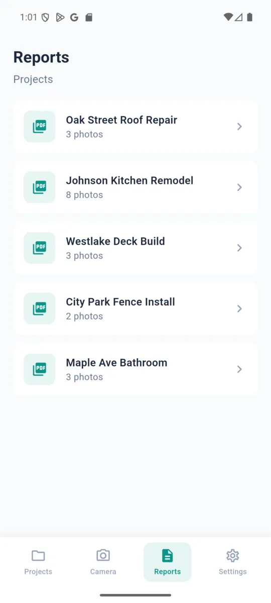 The SiteProof reports tab listing each project with the number of photos available for a report