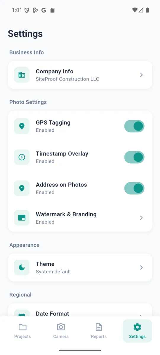 SiteProof photo settings with GPS tagging, timestamp overlay, address on photos and watermark branding all switched on