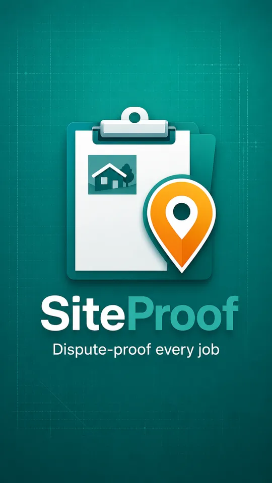 The SiteProof launch screen: a clipboard and map pin above the words Dispute-proof every job