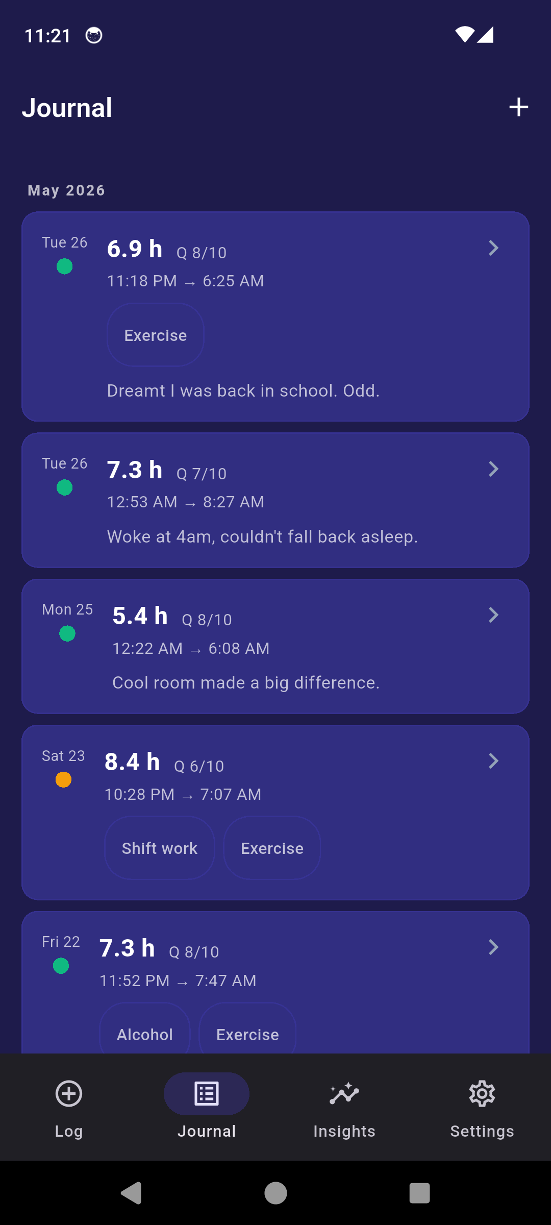 SleepRight Journal tab listing past sleep entries grouped by month with quality scores, time ranges, tags and notes