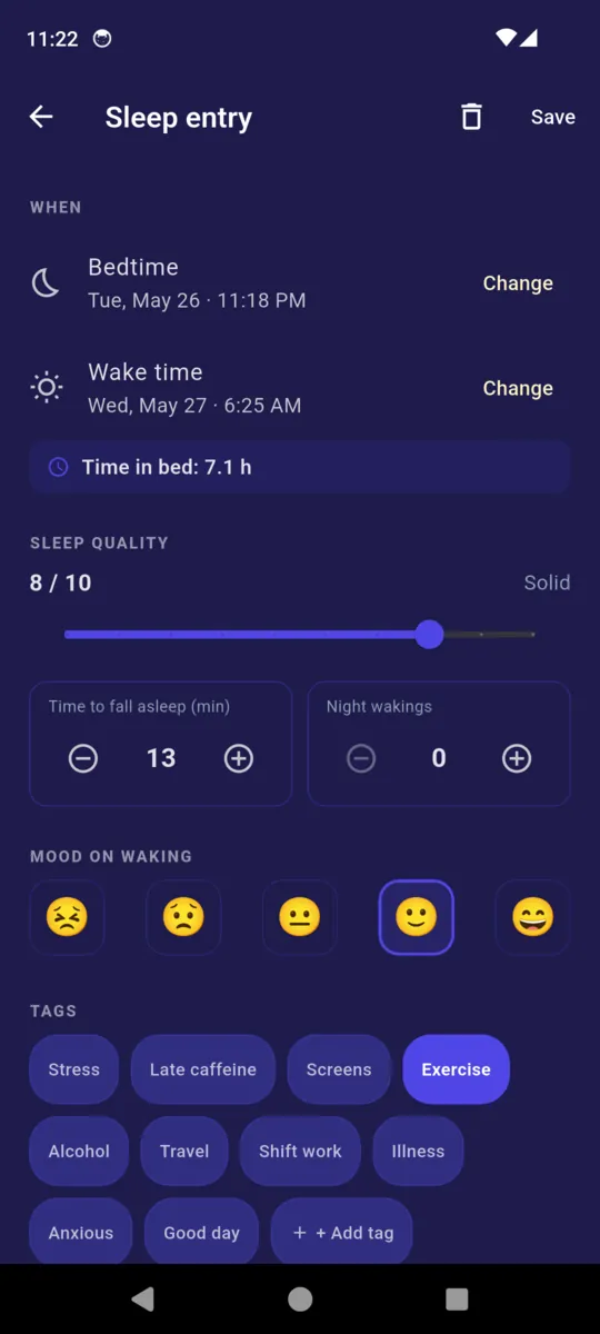A SleepRight sleep entry showing bedtime, wake time, time in bed, a quality slider at 8 out of 10, minutes to fall asleep, night wakings, mood faces and tags