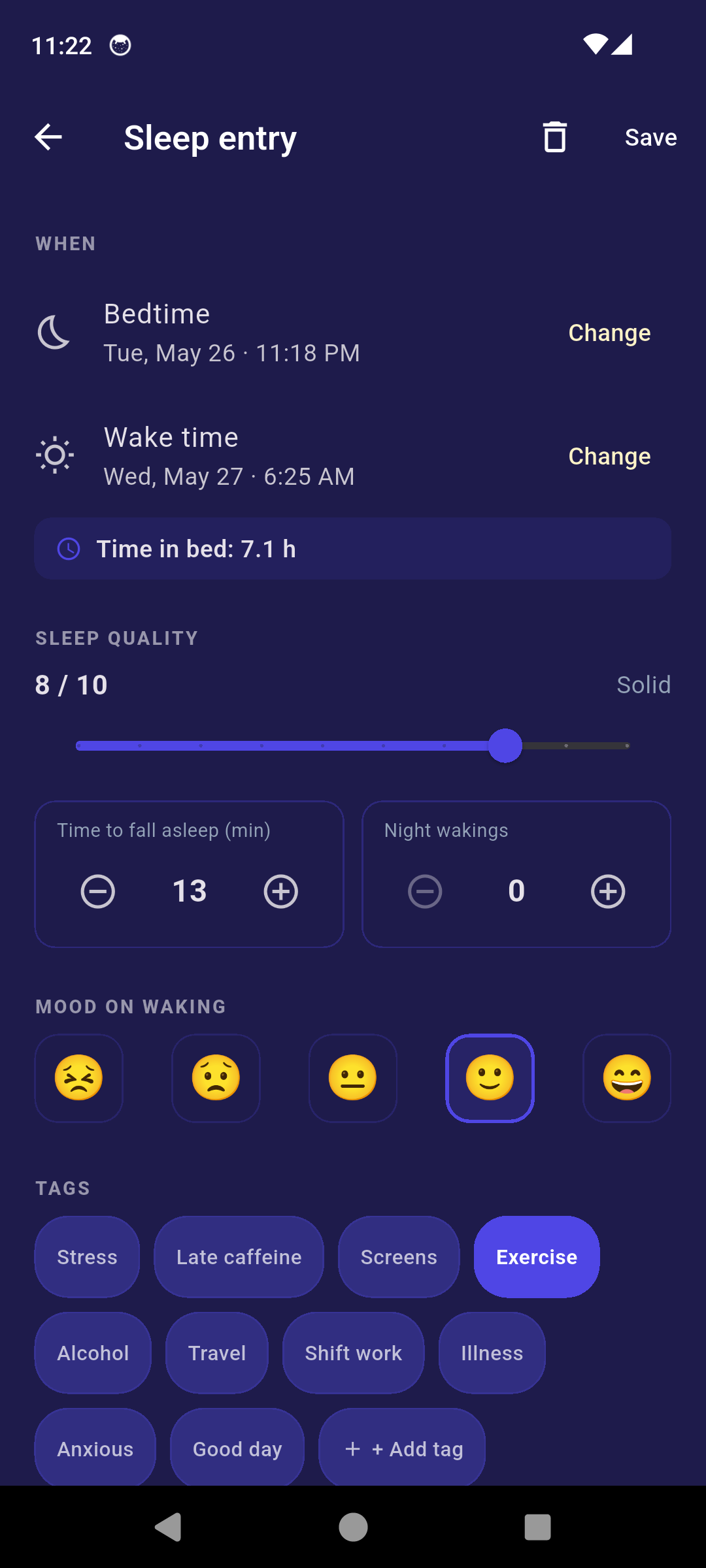 SleepRight log entry detail showing bedtime, wake time, quality slider, time to fall asleep, night wakings, mood emoji and tags