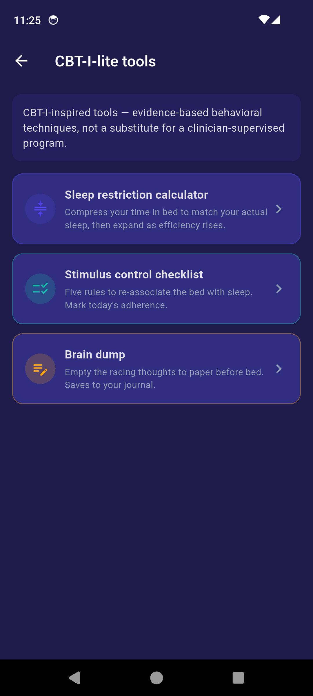 SleepRight CBT-I-lite tools hub with sleep restriction calculator, stimulus control checklist and brain dump cards