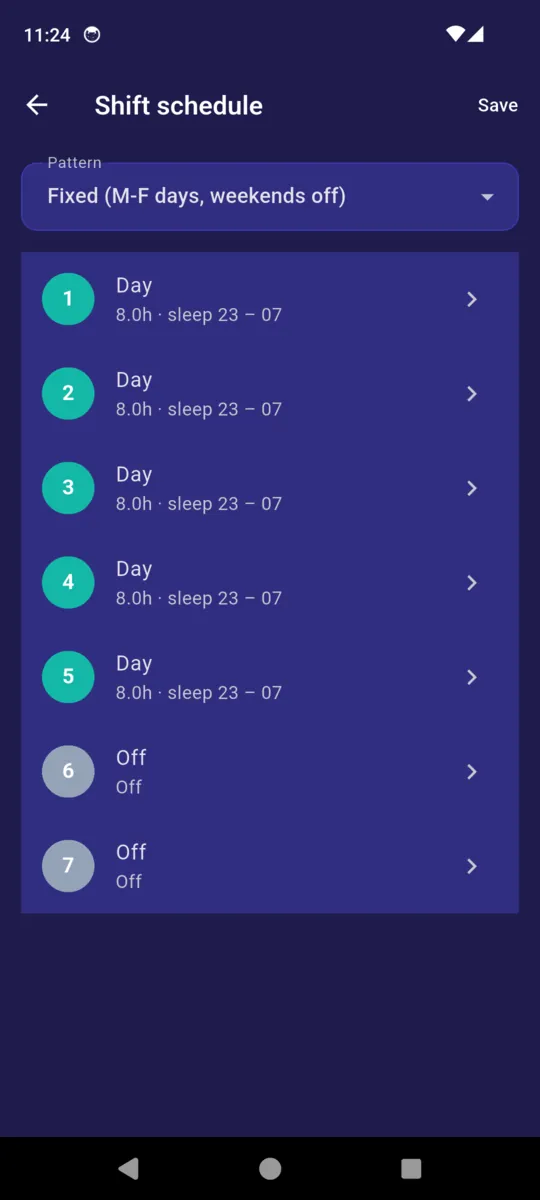 The SleepRight shift schedule screen with a fixed weekday pattern and per-day bed and wake hours