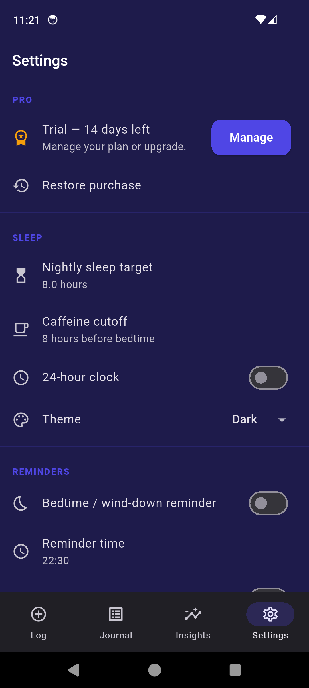 SleepRight Settings screen with trial banner, sleep target, caffeine cutoff and theme