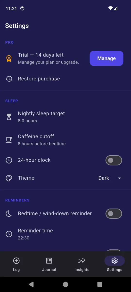 The SleepRight settings screen with nightly sleep target, caffeine cutoff, 24-hour clock, theme and reminder time