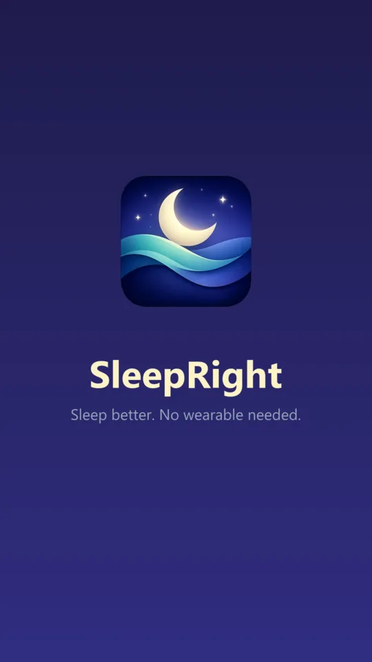 The SleepRight launch screen: a crescent moon and stars above teal waves on a deep navy field, with the app name beneath