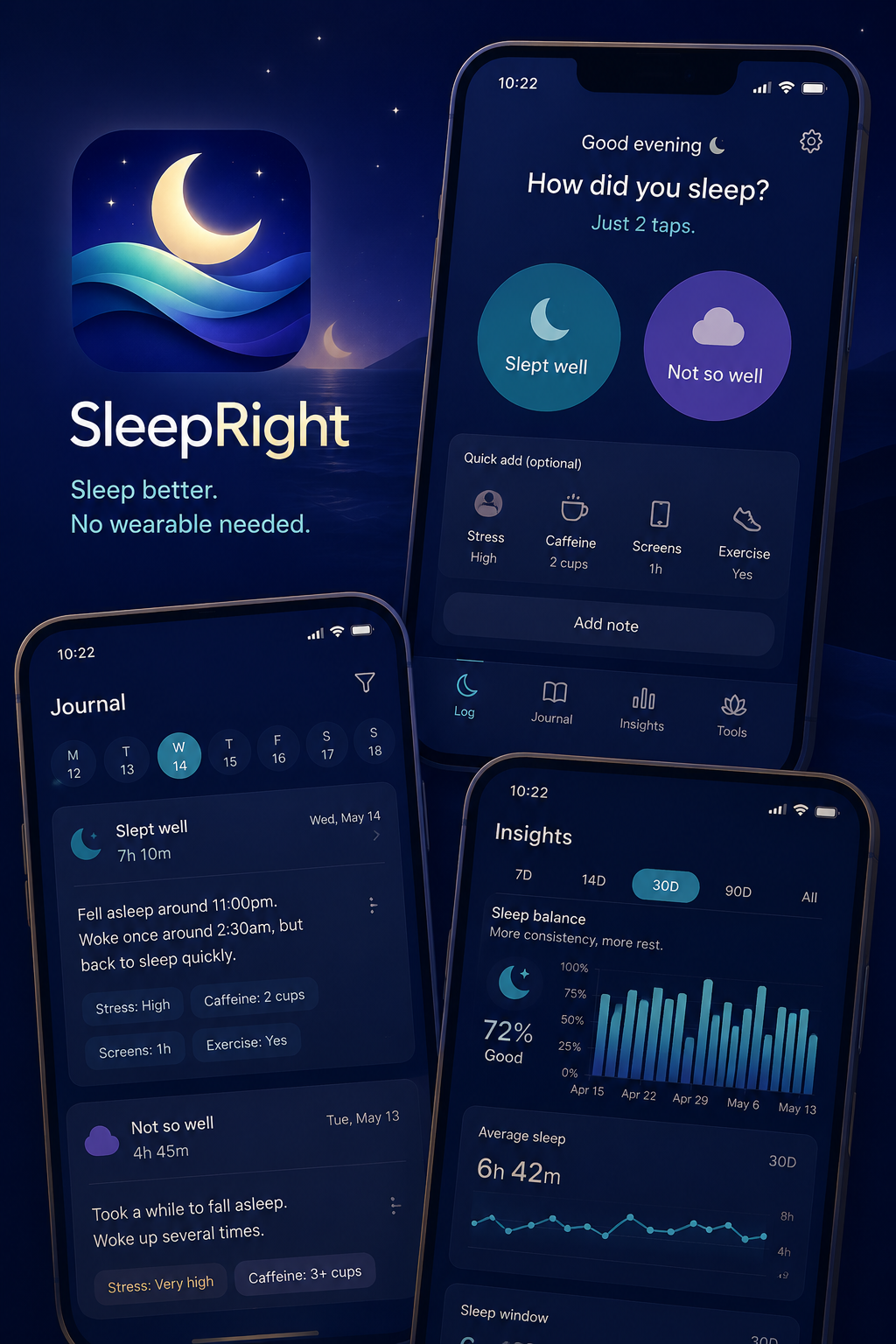 SleepRight log, journal and insights screens