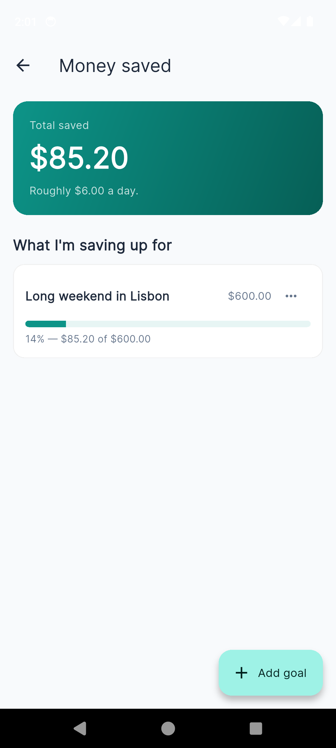 SmokeFree money screen with goal progress bar