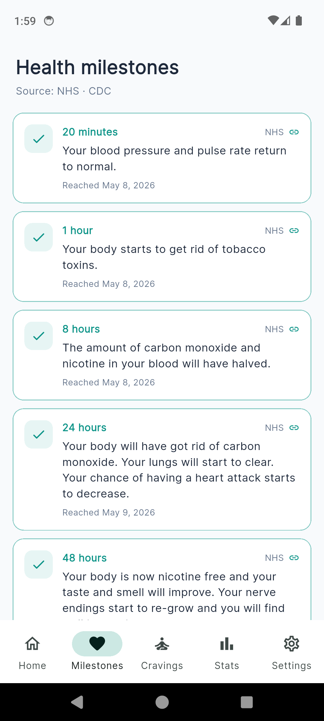 SmokeFree health milestones timeline with personalised dates and NHS citations