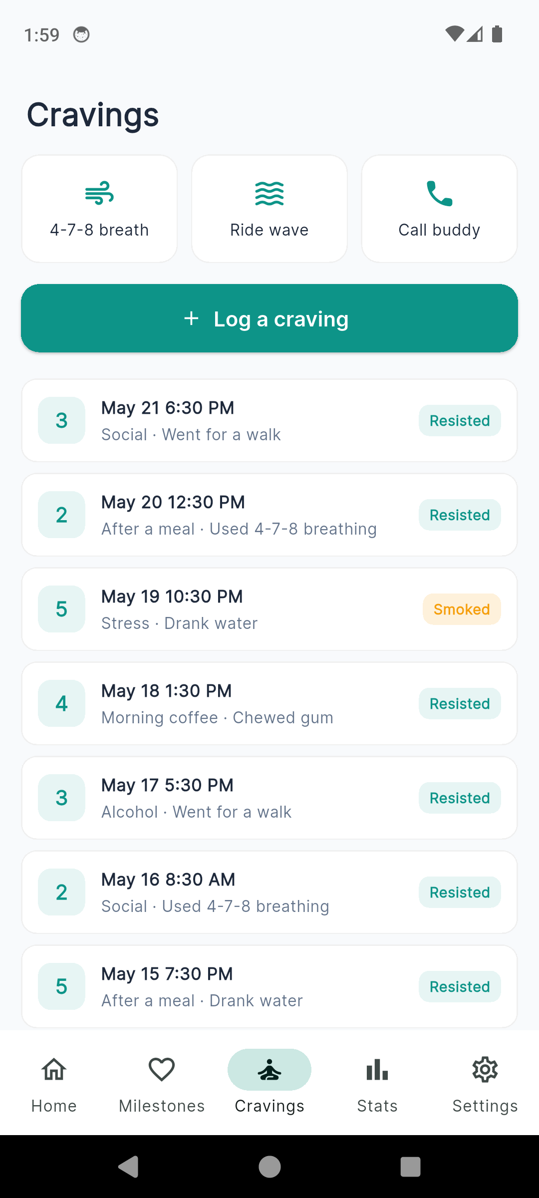 SmokeFree craving log with severity, trigger, and what-I-did pickers