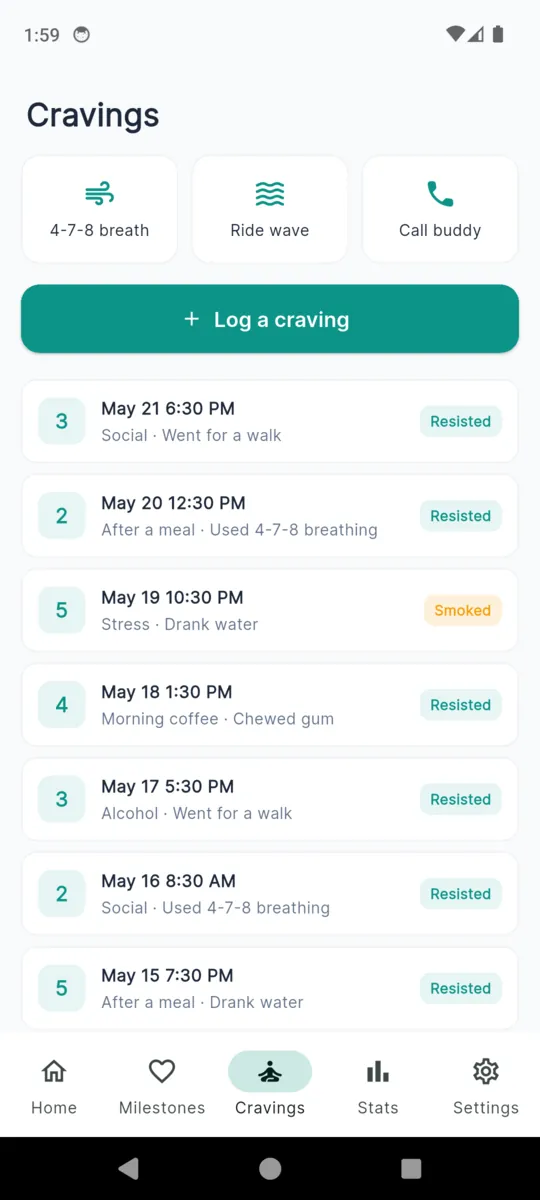 The SmokeFree cravings screen with breathing, ride the wave and call buddy buttons above a list of logged cravings marked resisted or smoked