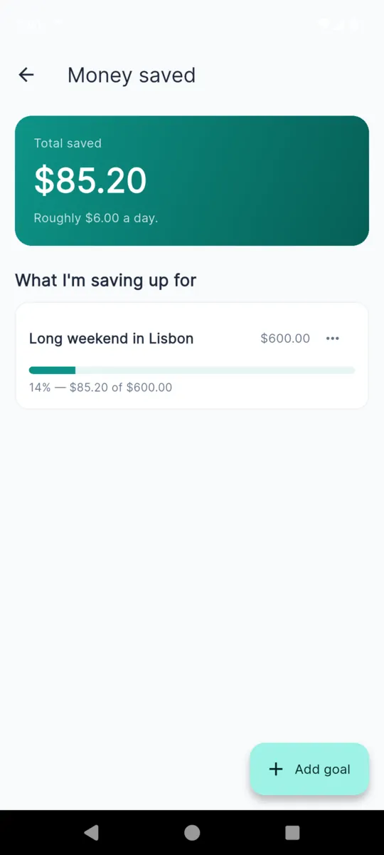 The SmokeFree money screen showing total saved and a savings goal for a long weekend in Lisbon with a progress bar