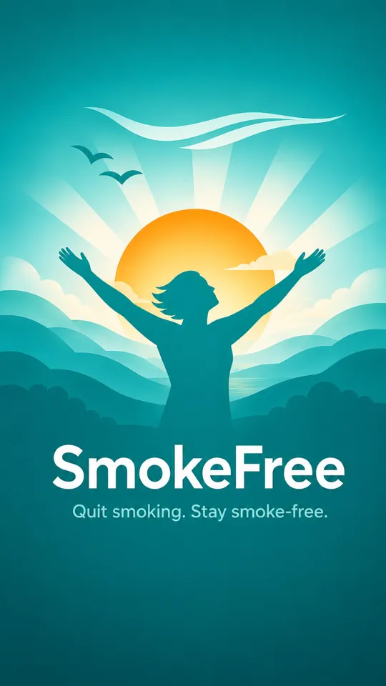 The SmokeFree launch screen: a figure with raised arms silhouetted against a sunrise over water, above the words SmokeFree and Quit smoking, stay smoke-free