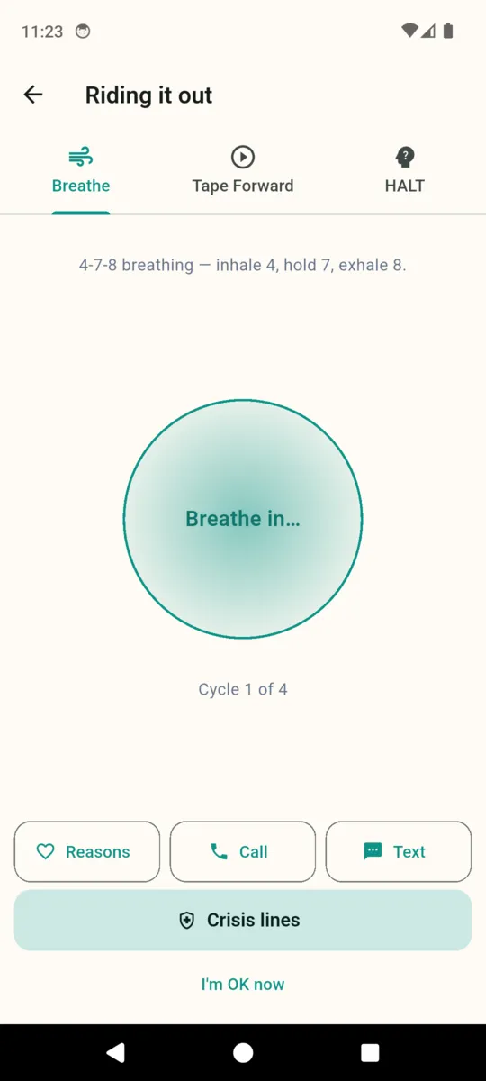 The SoberTrack Breathe tab with an expanding circle reading Breathe in and a cycle counter under a 4-7-8 breathing instruction