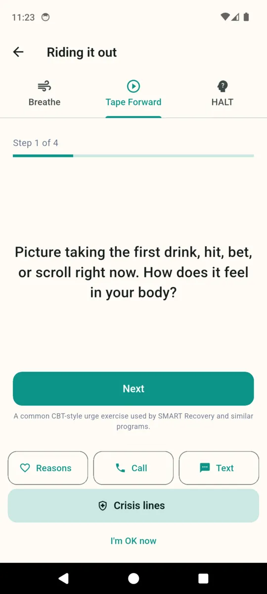 The SoberTrack Tape Forward tab on step one of four, asking how taking the first drink, hit, bet or scroll would feel in your body