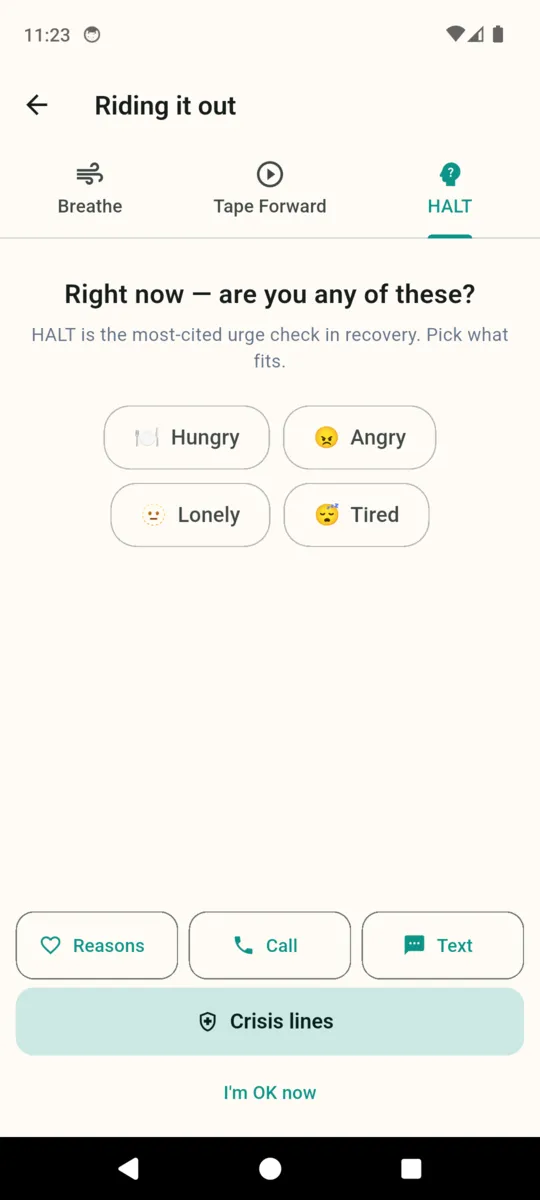 The SoberTrack HALT tab asking whether you are hungry, angry, lonely or tired, with four selectable chips