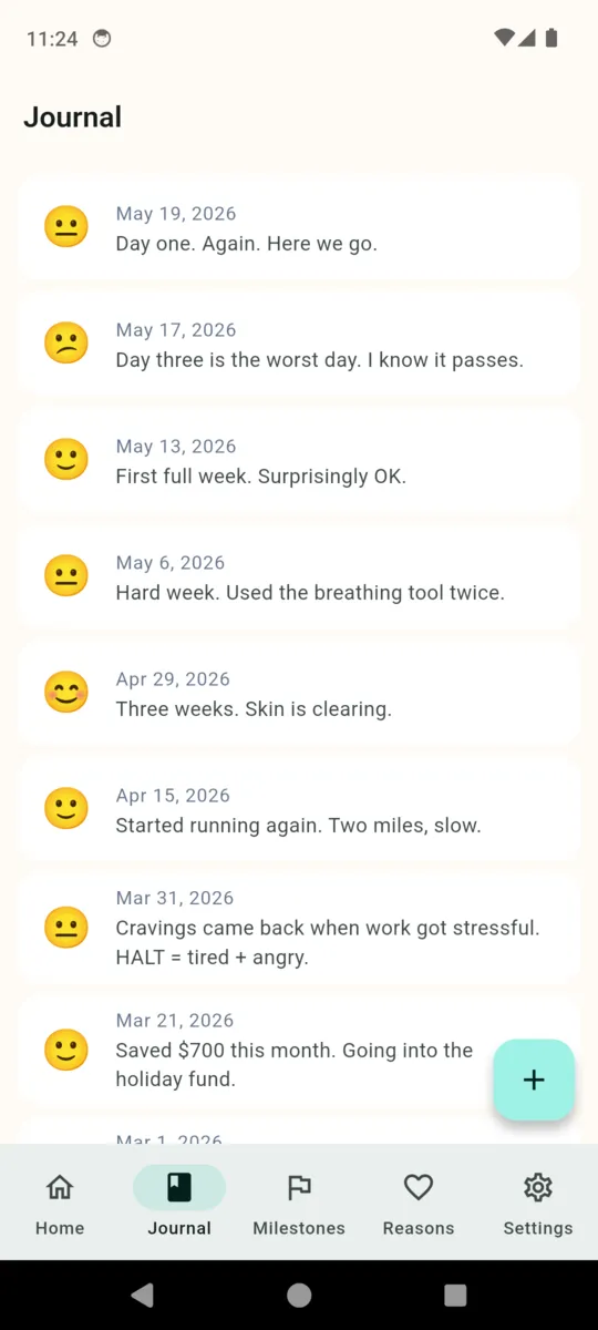 The SoberTrack journal screen listing dated entries, each with a mood face and a line of text